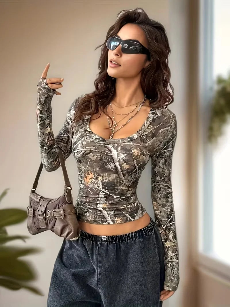 Camo Top with printed graphic, Y2K long sleeve top styled with low rise bottoms