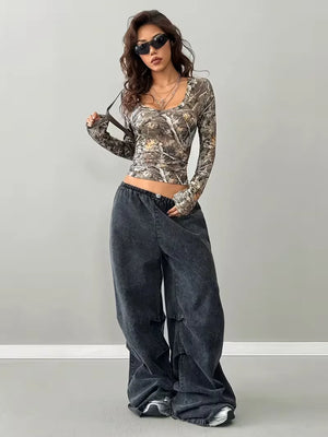 Camo Top with printed graphic, Y2K long sleeve top styled with low rise bottoms