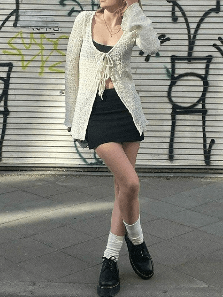 Cardigan à manches longues noué sur le devant-Cardigan-MAUV STUDIO-STREETWEAR-Y2K-CLOTHING