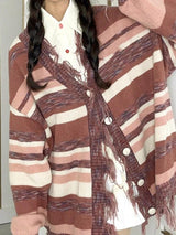 Cardigan ample à col en V et rayures à pompons-Cardigan-MAUV STUDIO-STREETWEAR-Y2K-CLOTHING