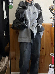 Cardigan ample à col montant et imprimé étoiles en tricot-Cardigan-MAUV STUDIO-STREETWEAR-Y2K-CLOTHING