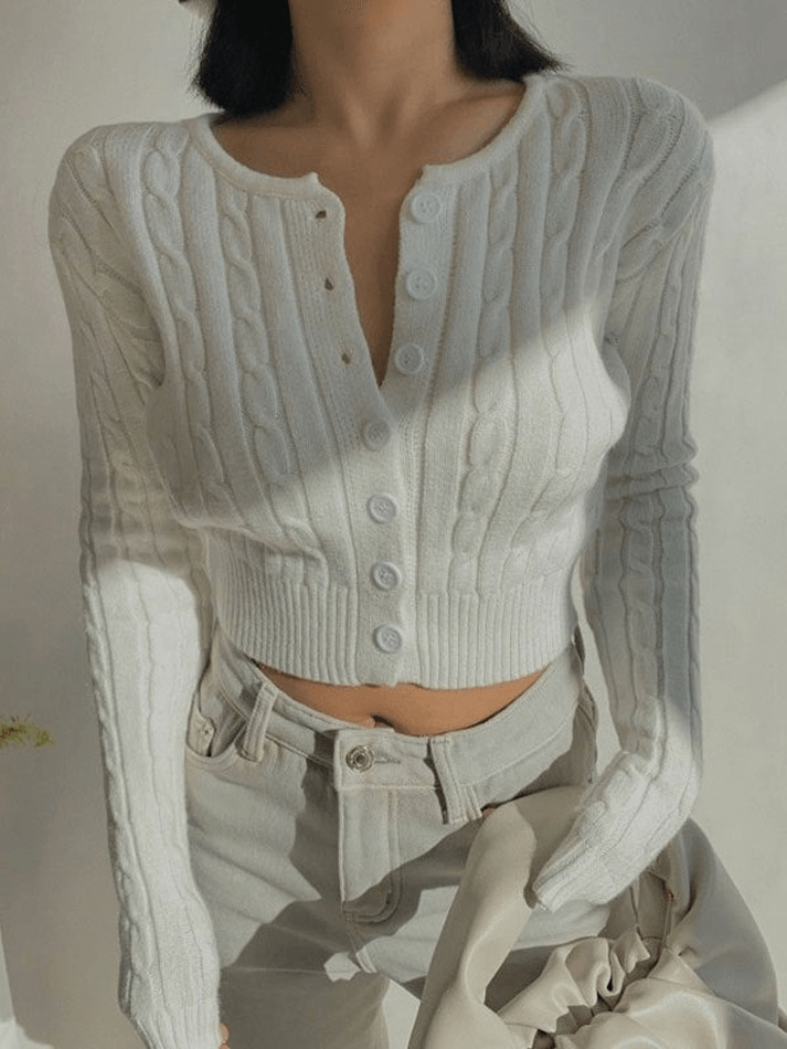 Cardigan court en tricot torsadé à boutons-Cardigan-MAUV STUDIO-STREETWEAR-Y2K-CLOTHING