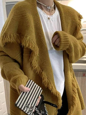 Cardigan de couleur unie à gros revers et bordure à pampilles-Cardigan-MAUV STUDIO-STREETWEAR-Y2K-CLOTHING