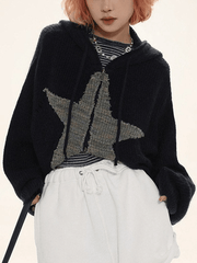 Cardigan en tricot à capuche zippé en jacquard étoile-Cardigan-MAUV STUDIO-STREETWEAR-Y2K-CLOTHING