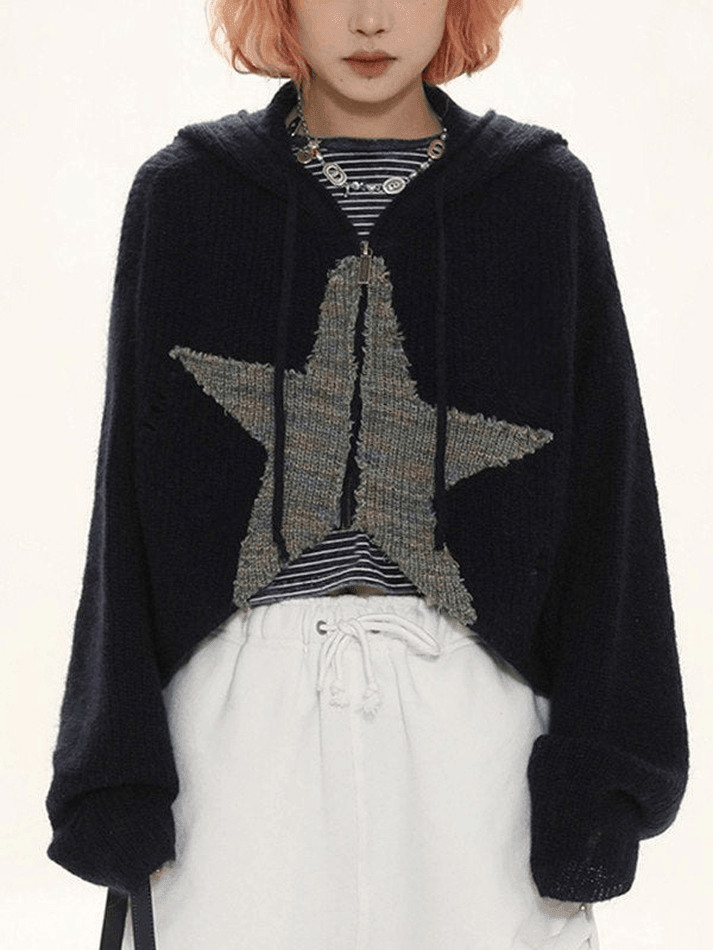 Cardigan en tricot à capuche zippé en jacquard étoile-Cardigan-MAUV STUDIO-STREETWEAR-Y2K-CLOTHING
