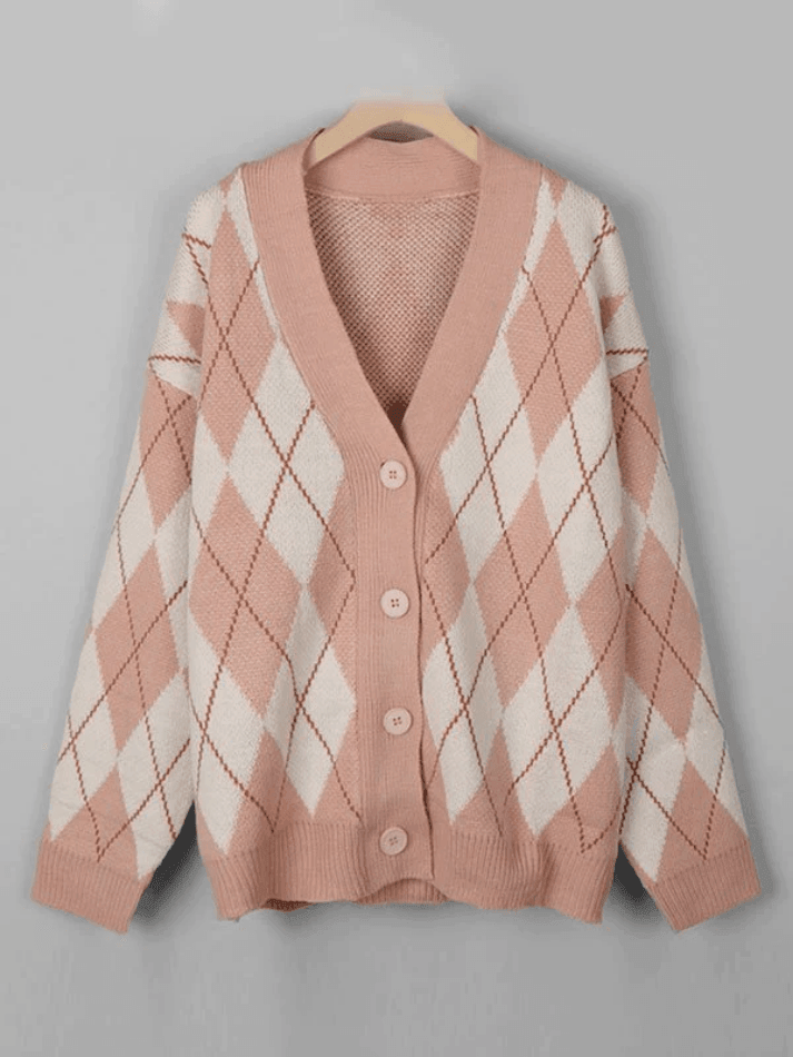 Cardigan en tricot à motif losanges et col en V-Cardigan-MAUV STUDIO-STREETWEAR-Y2K-CLOTHING