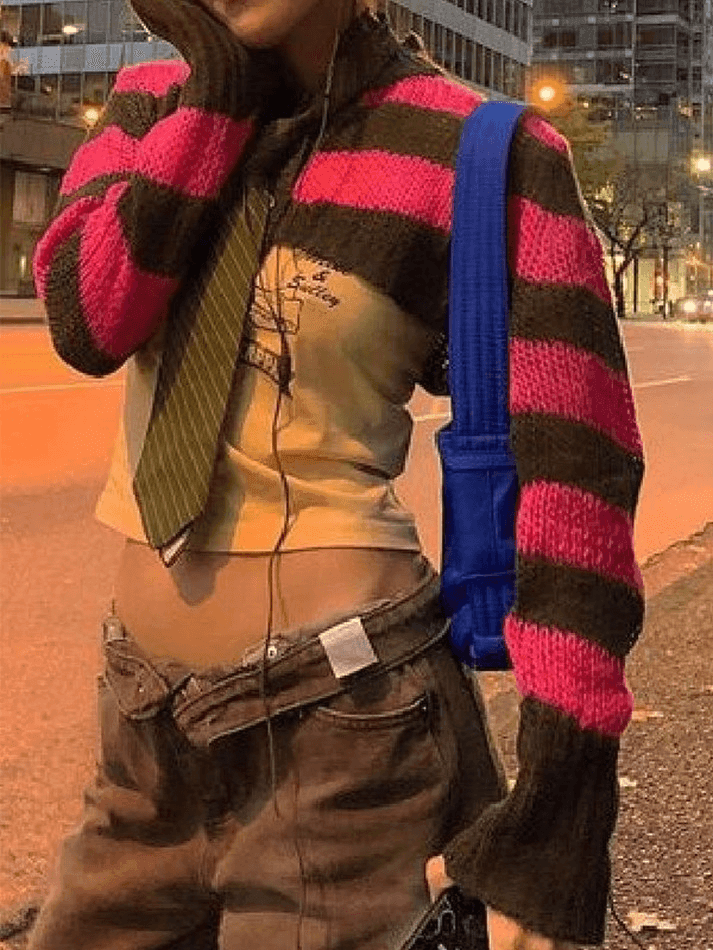 Cardigan en tricot boléro rayé à manches longues-Cardigan-MAUV STUDIO-STREETWEAR-Y2K-CLOTHING
