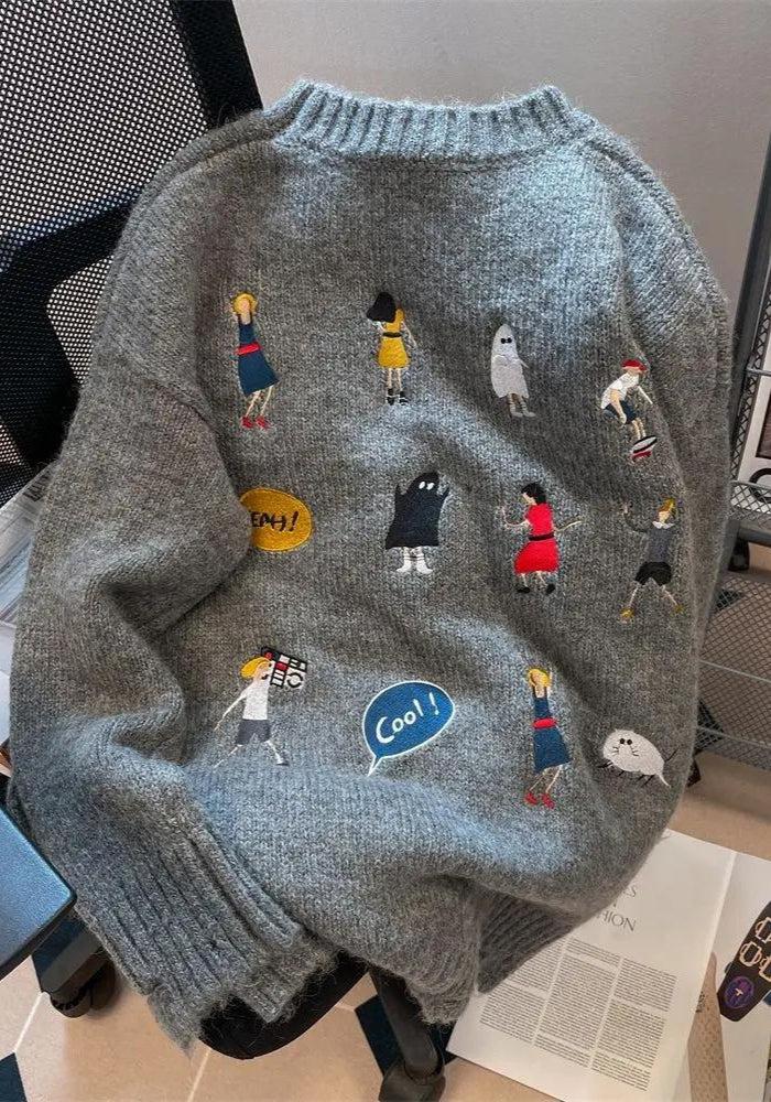 Cartoon Embroidered Knitted Sweater-Mauv Studio