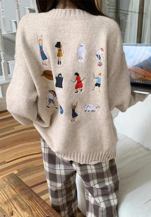 Cartoon Embroidered Knitted Sweater-Cream-One Size-Mauv Studio