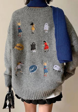 Cartoon Embroidered Knitted Sweater-Gray-One Size-Mauv Studio