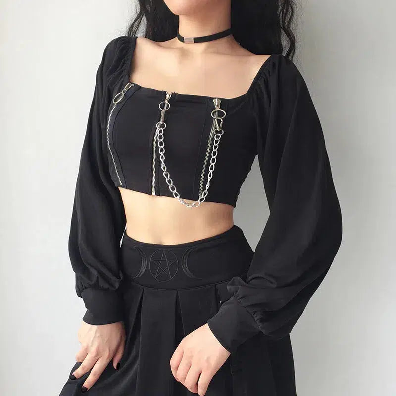 Chain Detailed Square Neck Crop Top-Black-One Size-Mauv Studio