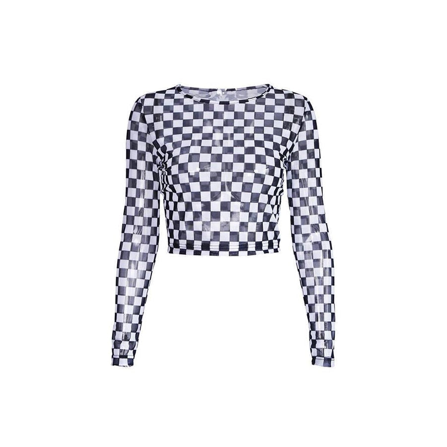 Checkered Long Sleeve Crop Top-T-Shirts-MAUV STUDIO-STREETWEAR-Y2K-CLOTHING