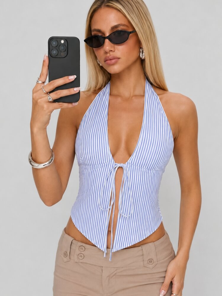 Coastal Striped Tie Top with tie detail, Y2K halter top styled with low rise bottoms