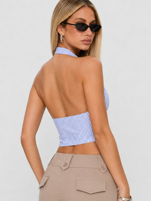 Coastal Striped Tie Top with tie detail, Y2K halter top styled with low rise bottoms