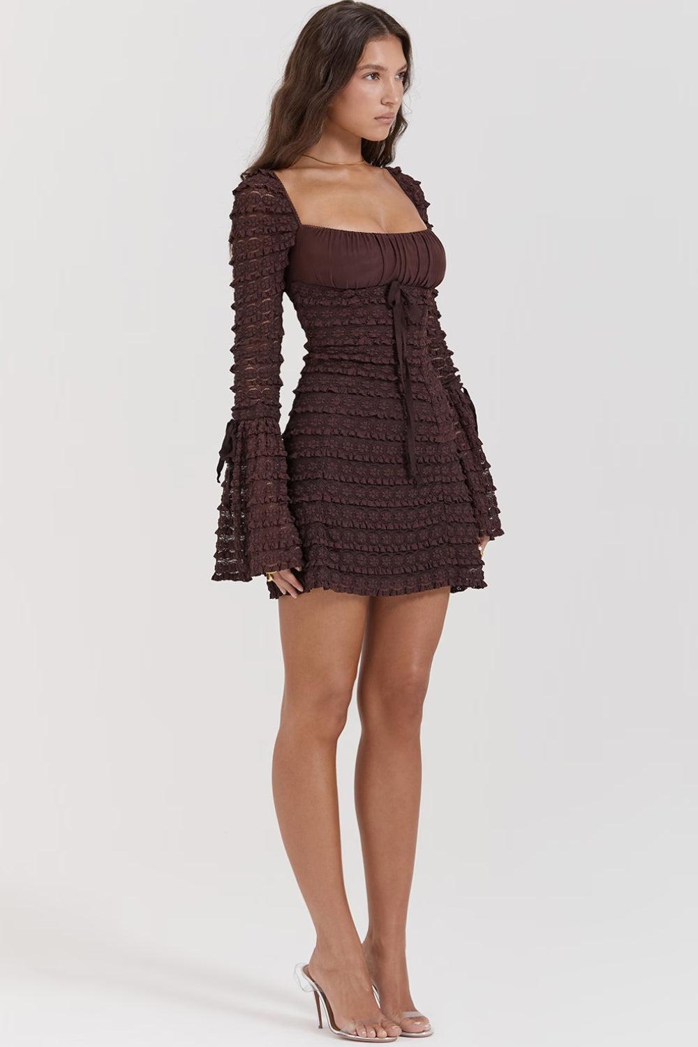 Coffee Ruched Mini Dress view 5 | MAUVSTUDIO®