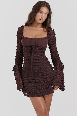 Coffee Ruched Mini Dress view 9 | MAUVSTUDIO®