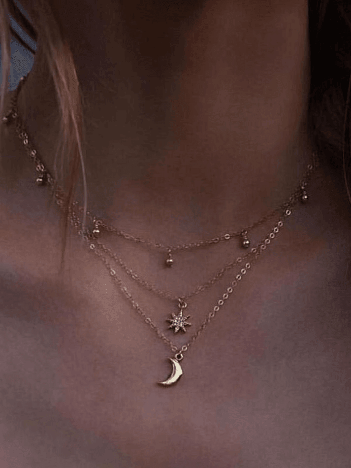 Collier Décor Lune Étoile Strass Multi-Couches-Necklaces-MAUV STUDIO-STREETWEAR-Y2K-CLOTHING