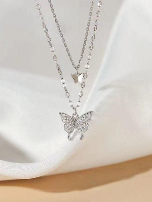 Collier double couche avec pendentif papillon en strass-Necklaces-MAUV STUDIO-STREETWEAR-Y2K-CLOTHING