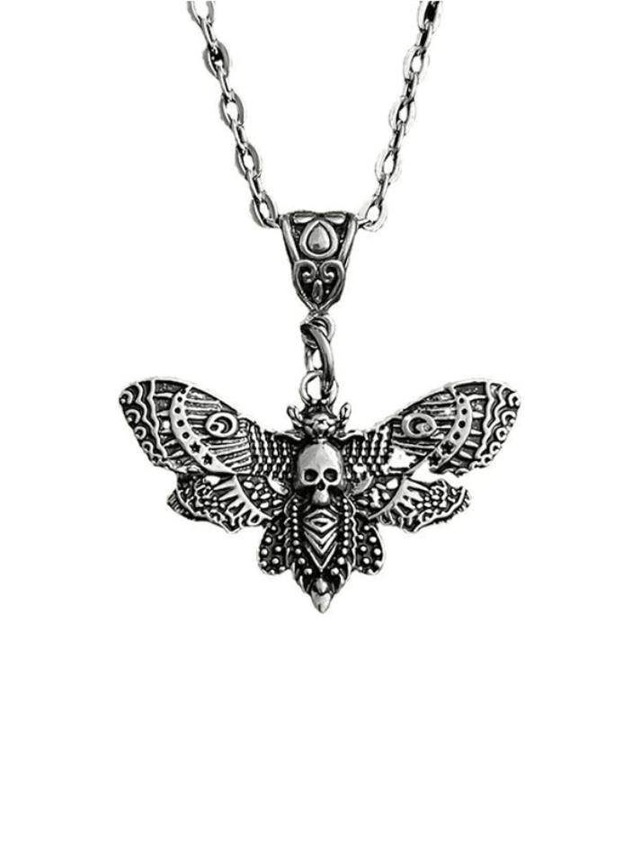 Collier pendentif crâne de papillon de nuit en argent-Necklaces-MAUV STUDIO-STREETWEAR-Y2K-CLOTHING