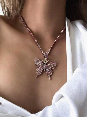 Collier pendentif papillon strass brillant-Necklaces-MAUV STUDIO-STREETWEAR-Y2K-CLOTHING