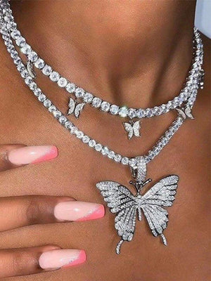 Collier pendentif papillon strass brillant-Necklaces-MAUV STUDIO-STREETWEAR-Y2K-CLOTHING