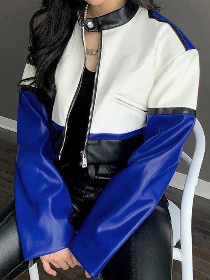 Color Block Pu Leather Cropped Moto Jacket-Jackets-MAUV STUDIO-STREETWEAR-Y2K-CLOTHING