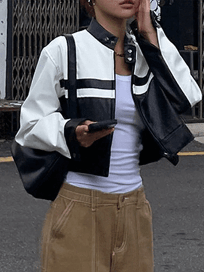 Contrast Pu Leather Cropped Moto Jacket-Jackets-MAUV STUDIO-STREETWEAR-Y2K-CLOTHING