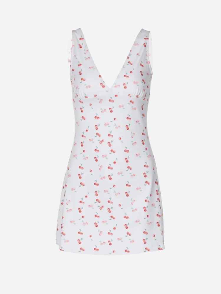 Coquette Cherry Plunge Neck Mini Dress view 6 | MAUVSTUDIO®