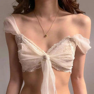 Coquette Lace Bow Top with lace trim, Y2K corset styled with low rise bottoms