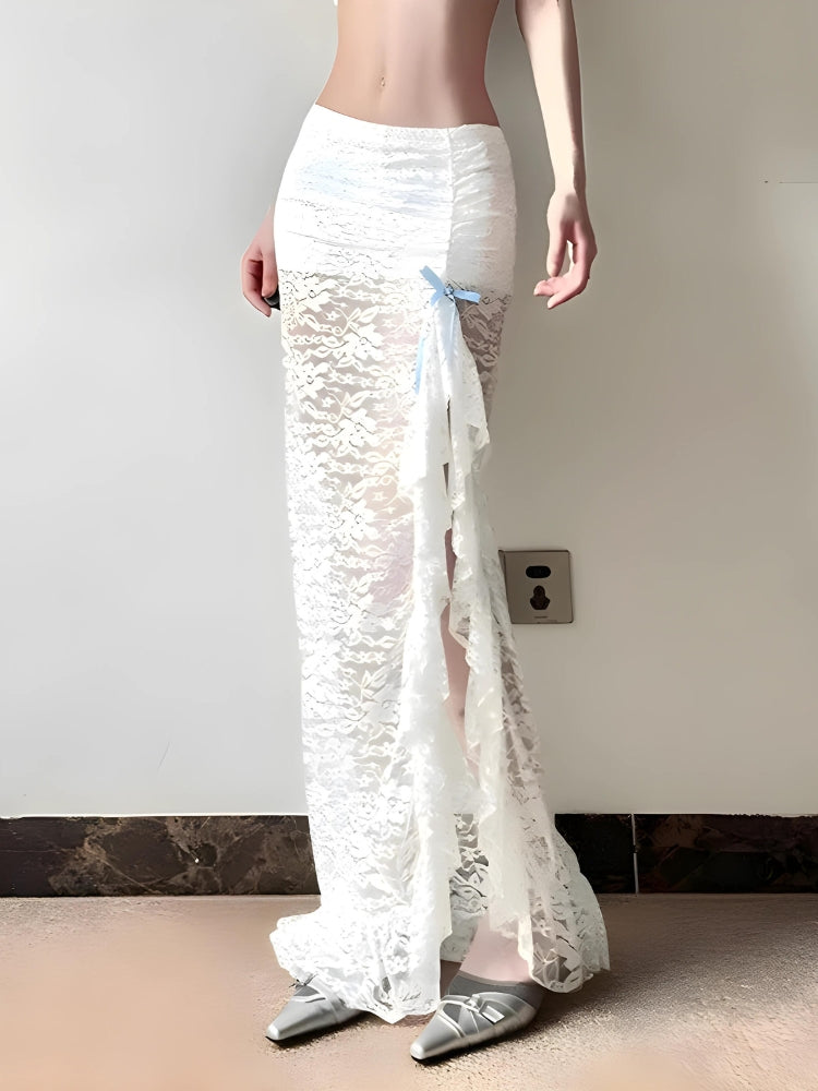 Coquette Lace Ruffled Slit Maxi Skirt-Mauv Studio