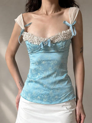 Coquette Ribbon Top with lace trim, Y2K tube top styled with low rise bottoms