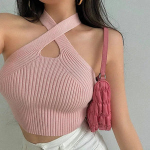 Corduroy Halter Neck Knitted Crop Top-Pink-One Size-Mauv Studio