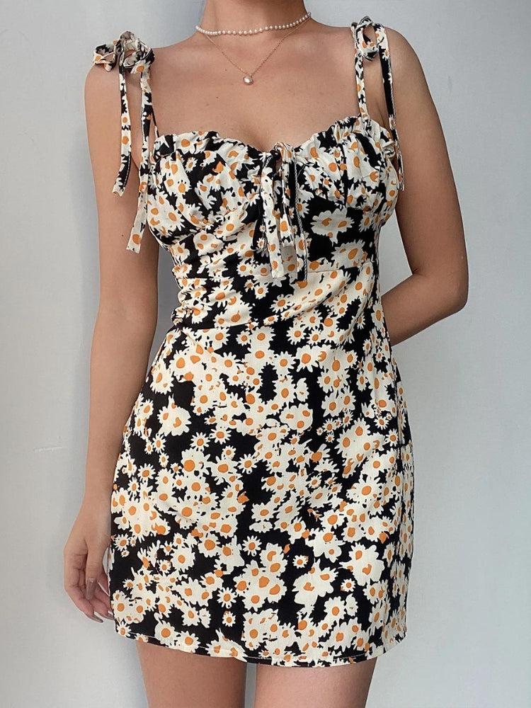 Cottagecore Daisy Tie Strap Mini Dress view 6 | MAUVSTUDIO®