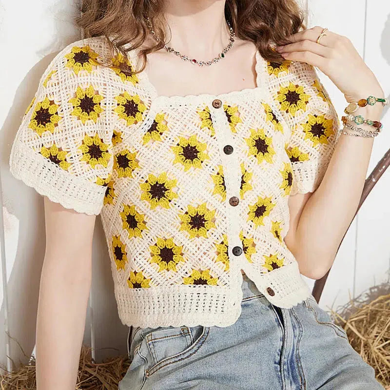 Cottagecore Floral Crochet Cardigan-Yellow-One Size-Mauv Studio