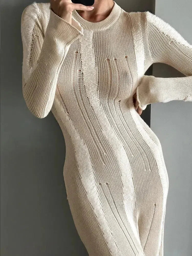 Crochet Distressed Maxi Dress view 3 | MAUVSTUDIO®