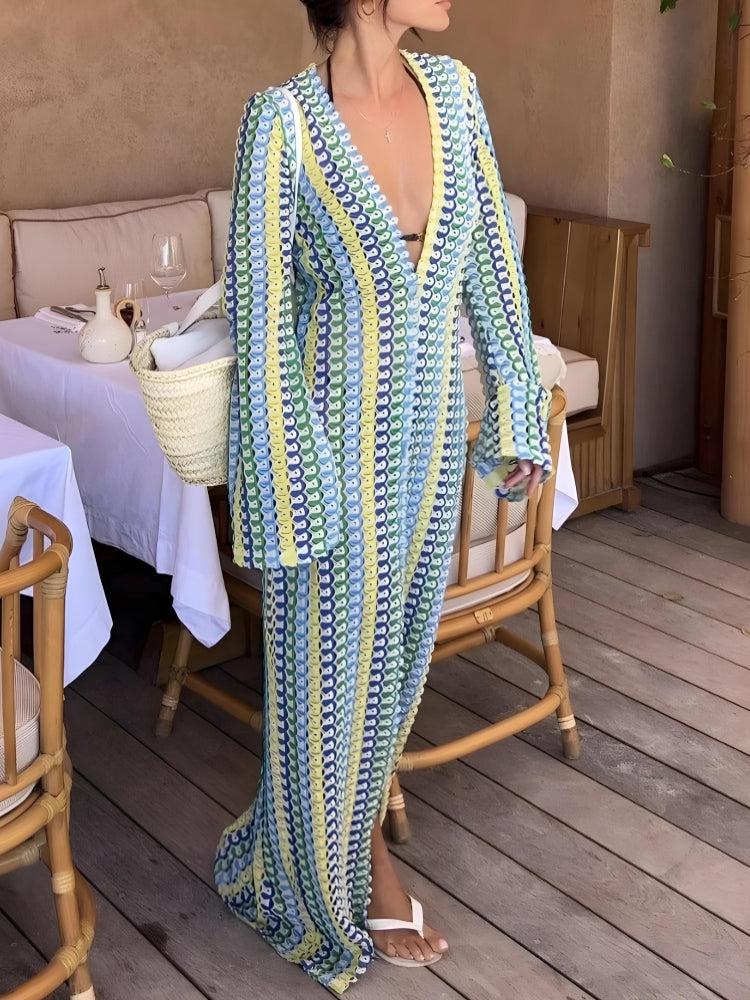 Crochet Striped Plunge Neck Maxi Dress view 2 | MAUVSTUDIO®