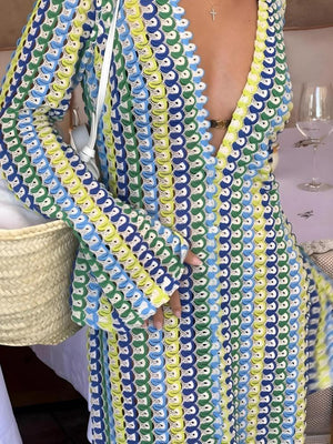 Crochet Striped Plunge Neck Maxi Dress view 3 | MAUVSTUDIO®