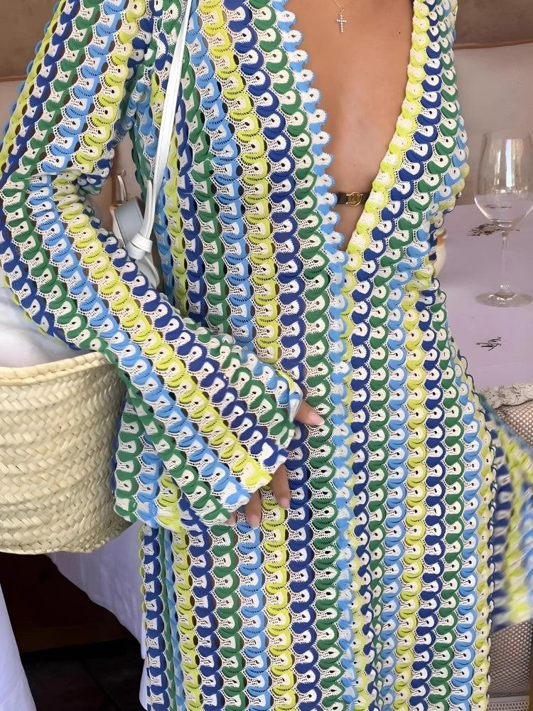 Crochet Striped Plunge Neck Maxi Dress view 3 | MAUVSTUDIO®