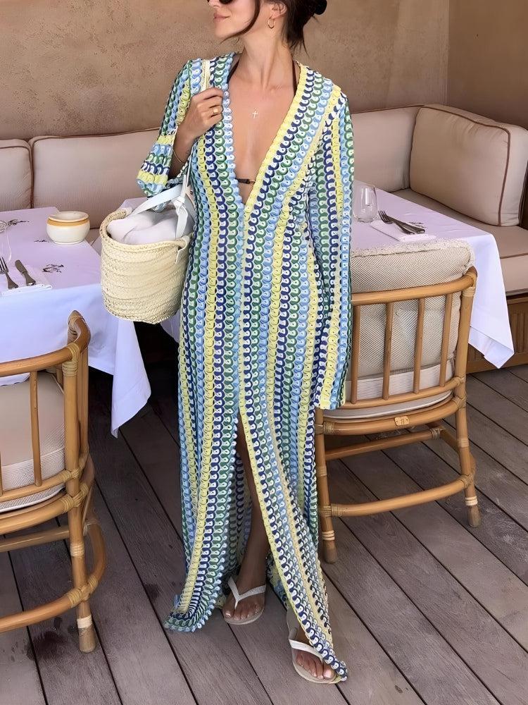 Crochet Striped Plunge Neck Maxi Dress view 6 | MAUVSTUDIO®
