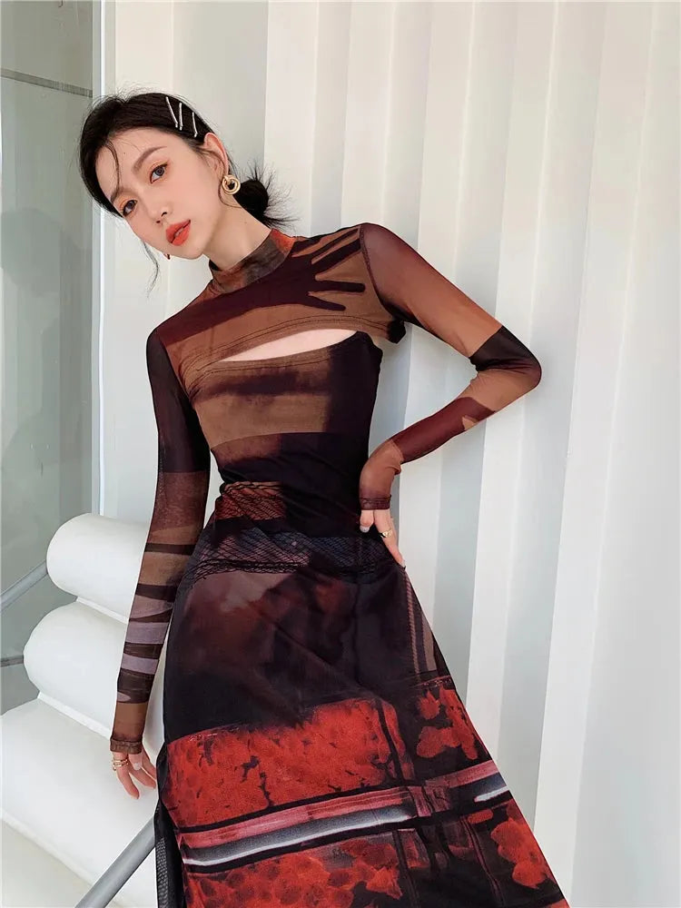 Crop Top & Mesh Midi Dress Two Piece Set view 2 | MAUVSTUDIO®
