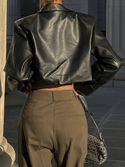 Cropped Black Faux Leather Biker Jacket-Jackets-MAUV STUDIO-STREETWEAR-Y2K-CLOTHING