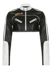 Cropped Patchwork Pu Leather Jacket-Jackets-MAUV STUDIO-STREETWEAR-Y2K-CLOTHING