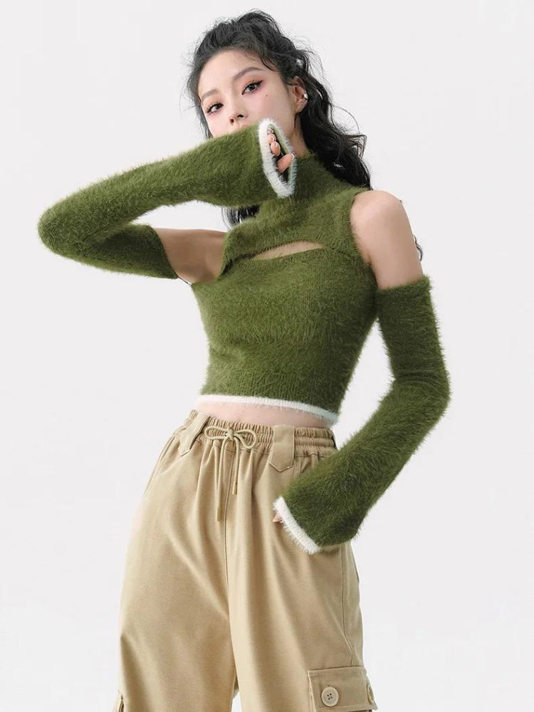 Cut Out Fluffy Crop Sweater Top-Mauv Studio