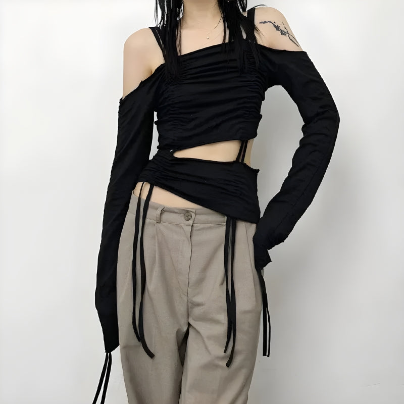 Cut-Out Ruched Long Sleeve Top-Black-S-Mauv Studio