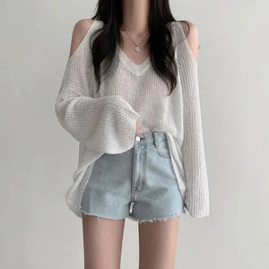 Cut-Out Shoulder Loose Knit Sweater-White-One Size-Mauv Studio