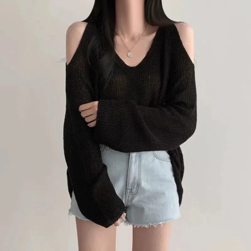 Cut-Out Shoulder Loose Knit Sweater-Black-One Size-Mauv Studio