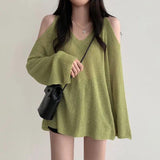 Cut-Out Shoulder Loose Knit Sweater-Green-One Size-Mauv Studio
