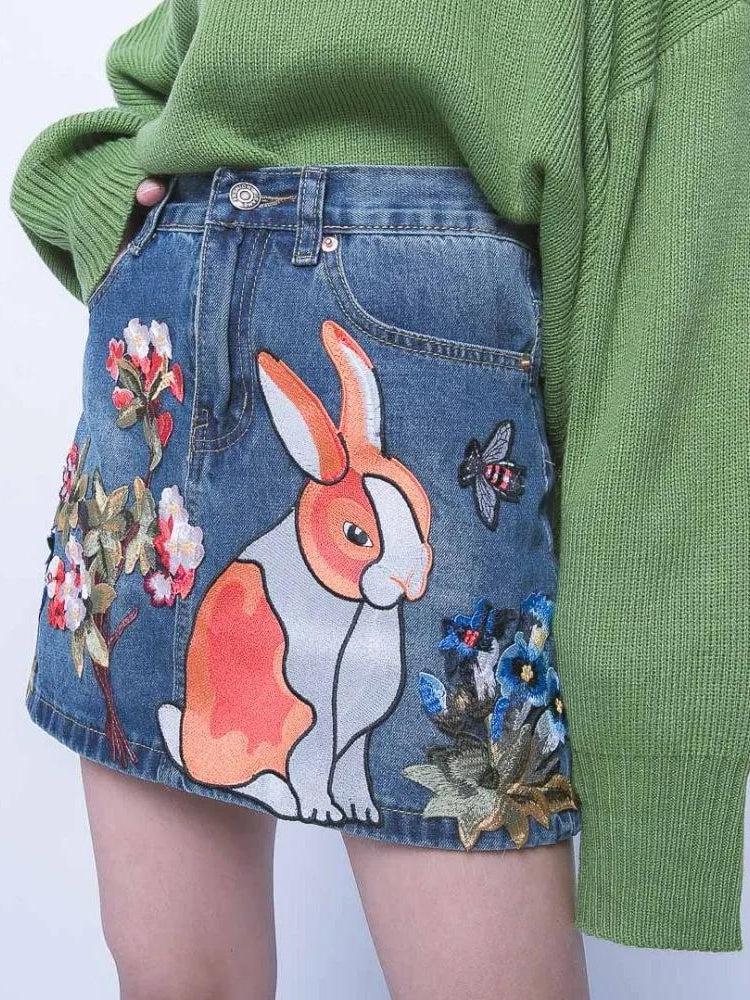 Cute Rabbit Denim Mini Skirt-Mauv Studio