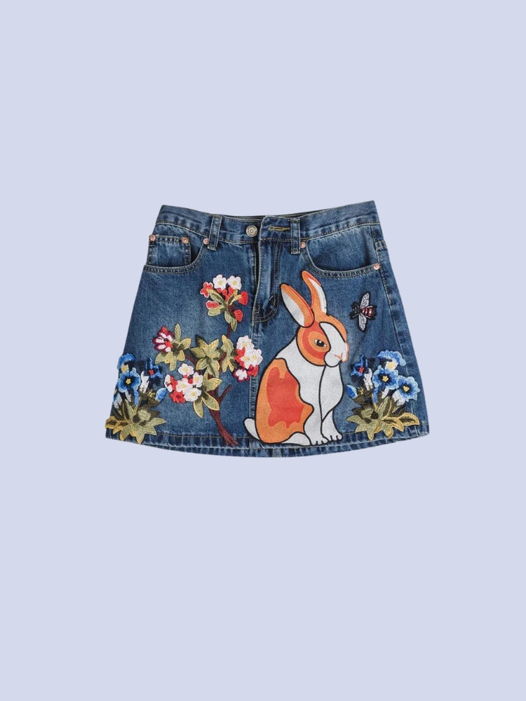 Cute Rabbit Denim Mini Skirt-Mauv Studio