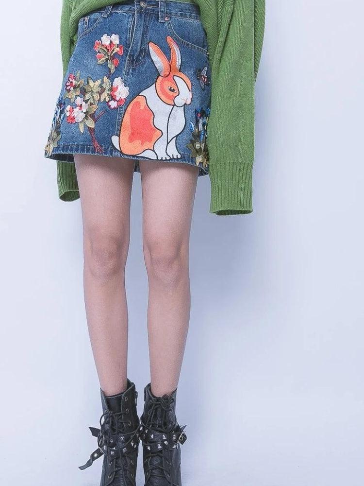 Cute Rabbit Denim Mini Skirt-Mauv Studio